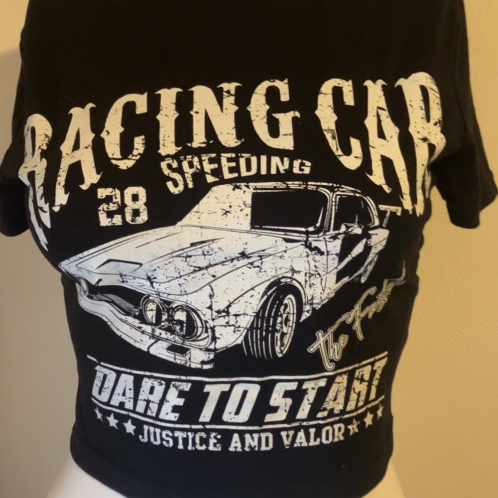 SHEIN Black Graphic Racing Car Crop Top with White Print